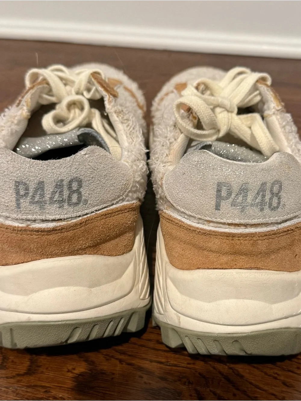 P448 Women's Suede & Shearling Panel Sneakers in Tan/Cream